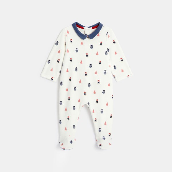 بيجاما مخملية عليها رسم البطريق وسترة ناعمة زرقاء للصبي الرضيع